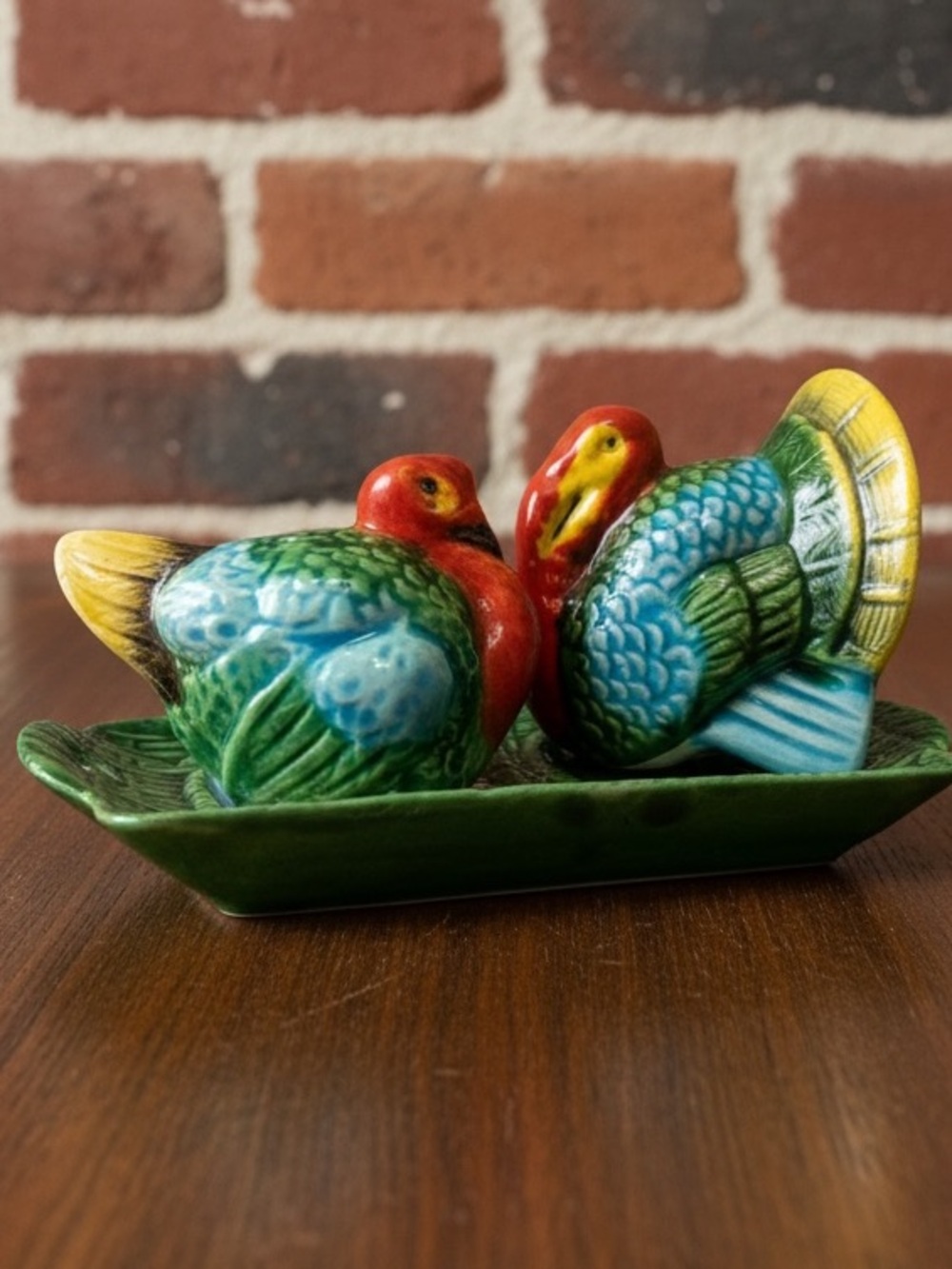 Vintage Japan Whimsical Turkey Salt & Pepper Shakers on Tray